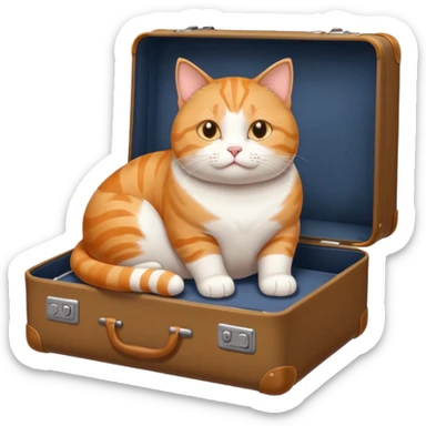 A chubby cat sitting proudly next to a neatly packed suitcase. sticker