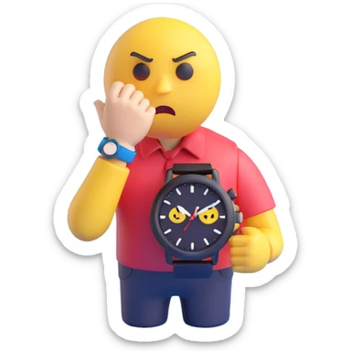 A yellow emoji face with a worried expression, looking at a wristwatch with raised eyebrows, showing urgency and stress sticker