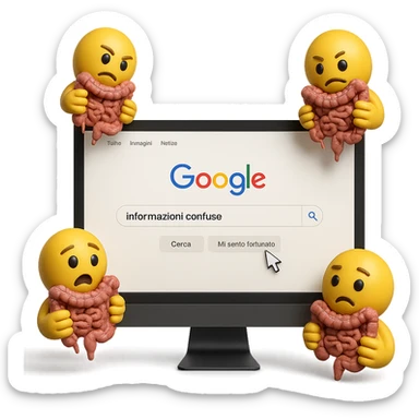 SCHERMO DI PC CON LA SCRITTA "informazioni confuse" SULLA BARRA DI RICERCA GOOGLE SULLO SCHERMO E IL CLICK DEL MOUSE SULLA SCRITTA CERCA, stile emoji iphone fluttuano in aria stringendo in mano un pezzo di colon intestinale, iperrealistico 4k sticker