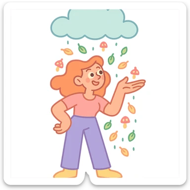 cloud raining tiny leaves and mushrooms, whimsical rain, pastel tones, pastel-toon style sticker