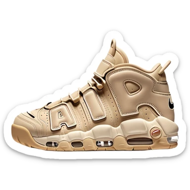 Beige colored Nike Air More Uptempo basketball sneakers with one sneaker positioned behind the other, featuring large AIR text on the sides sticker
