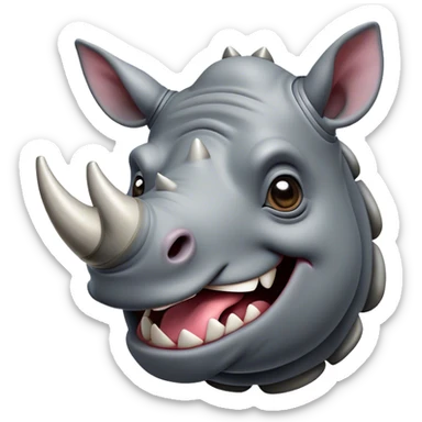 Cinematic Comical Rhinoceros Portrait Emoji, Head tilted dramatically with an exaggeratedly amused expression, featuring a striking, glossy slate-gray hide with a boldly textured horn, wide, expressive eyes filled with playful disbelief, Simplified yet hilariously expressive features, highly detailed, glowing with a slightly sassy glow, high shine, dramatic yet playful, stylized with an air of cheeky wild mischief, bright and endearing, soft glowing outline, capturing the essence of a spirited and over-the-top rhinoceros, so meme-worthy it feels like it could charge its way into internet fame instantly! sticker
