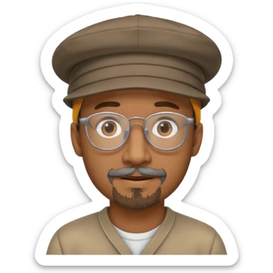 Brown man with hat no hair, but gray goatee, clear glasses and slightly smiling sticker