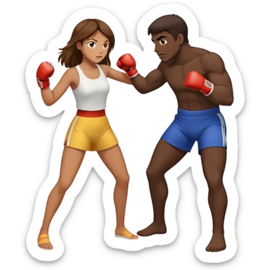 Tan girl punching a dark guy, full body  sticker