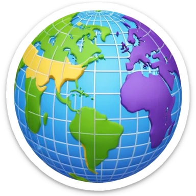 Emoji of planet Earth in a grid pattern, using blue, purple, yellow, and green. Clean, modern, and minimalistic sticker
