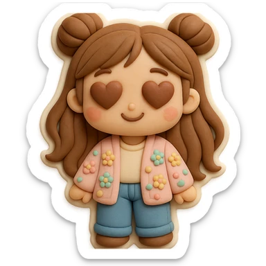 3D chibi girl fondant cake art style, high-quality rendering with smooth shadows and soft gradients, long brown hair in two space buns, brown eyes, jeans, pastel floral cardigan, thick white outline like a sticker, transparent background, in love with hearts in her eyes, preserve facial features from reference image sticker