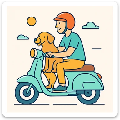 color vector art with thin outline of man and pet dog riding a scooter sticker