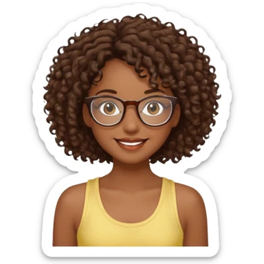 happy girl with dark skin and brown curly hair and clear glasses, long eyelashes, wearing a light yellow tank top sticker