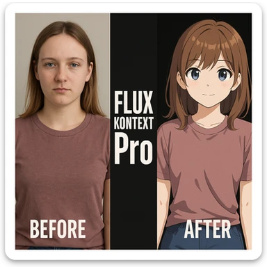 create before after image of a girl before is realsitic photo, after is anime version of her in same pose and clothes, add logo with text of a "FLUX Kontext Pro" in middle in big, black background sticker