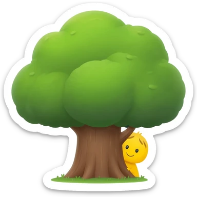 Yellow emoji face with Innocent eyes stand behind a big tree and sneakily peeking sticker