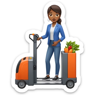 Femme sur un transpalette électrique, portant des canettes de fruits et de légumes sticker