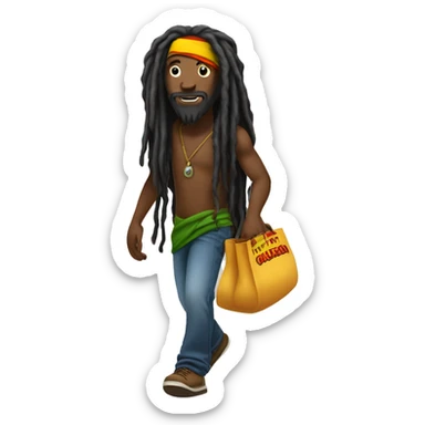 A black rastaman with a bit long dreadlocks walking towards left side with a bag on the back. sticker