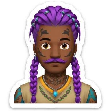 big lose braids starting from the top of the head man with mustache face wiith big visible braids and lots and lots of face tattoos colored tattoos like a tattoo artist hair unique color sticker