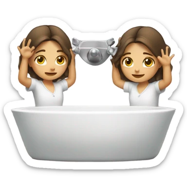 Girl with brown hair turning on two sinks, one with each hand sticker