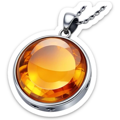 extreme close up of a round cut holographic amber charm with silver metal accent and curb chain sticker