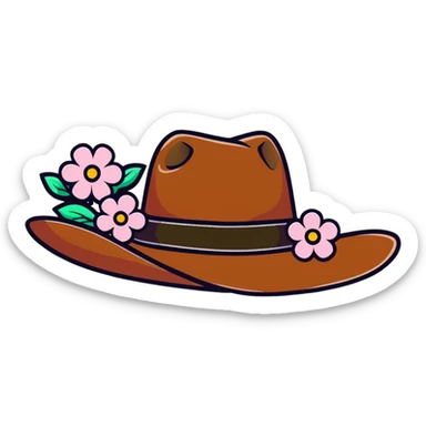 Cowgirl hat with flowers, pink and white flowers decorating a brown cowboy hat sticker