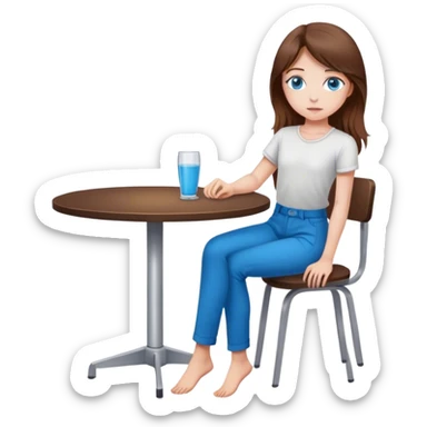 Mädchen jung, braune Haare und blaue Augen, ganzer Körper lange hose, am Tisch sticker