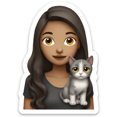 A girl with long brown hair A nd black eyes, holding a a grey cat sticker