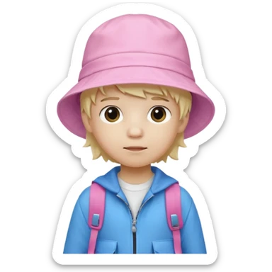 A little boy student white skin, blonde hair, with pink bucket hat, white jacket, blue backpack sticker
