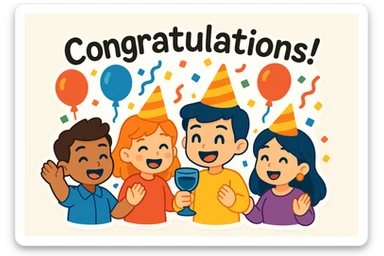 Add the text 'Congratulations!' in a fun, bold font above the festive party scene, keeping the vibrant cartoon style of chibi stickers. sticker