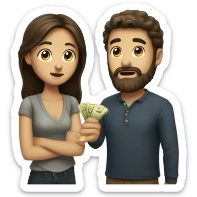 Brunette girl asking for money from her brunette boyfriend with a beard sticker