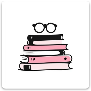A pile of pink books with glasses on top sticker