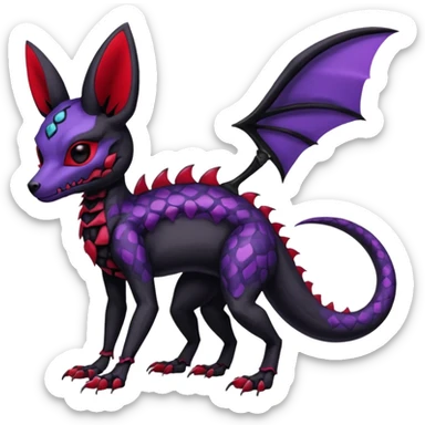 Gothic Black red purple Scaley Exotic Salandit-Umbreon-Noibat-Fakémon-hybrid-creature (full body), 4 legs, skull face mask sticker