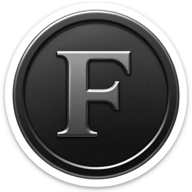 Emoji icon of a black coin with engraved letter F, minimalist style, isolated sticker