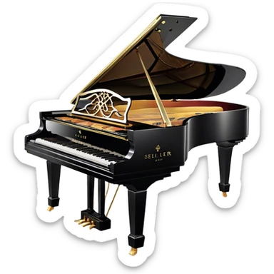 Create an elegant and detailed emoji representing the Seiler 278 Konzert grand piano. The design should feature the grand piano's polished black body with shiny, reflective surfaces, capturing its high-quality craftsmanship. The black and white keys should be clearly visible, with the curved shape of the grand piano’s body and lid, which can be slightly open. Add visible details like the pedal system, the intricate wood finish on the frame, and the elegant legs of the piano. The musical notes should float around the piano, evoking the sound of a professional concert instrument. Use deep black, white, and gold tones to highlight its luxurious appearance. The background should be transparent. sticker