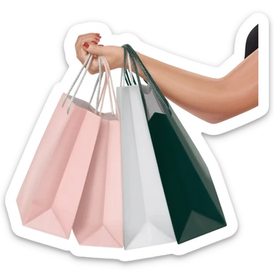 Minimalist studio photo of a woman’s arm extending from the right side of the frame holding multiple elegant shopping bags, pastel pink, white, and dark green paper bags with thin handles, sticker