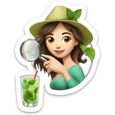 brunette girl + magnifying glass drinking mojito sticker