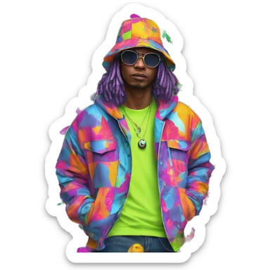 Multicoloured neon person smoking wearing patchwork patterned hippie groovy retro hoodie dancing hip hop bucket hat tropical Skater fashion aesthetic baggy clothes graphic t shirt 420 sticker