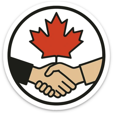 emblem representing a Canadian union, featuring a maple leaf and handshake, clean modern illustration style sticker