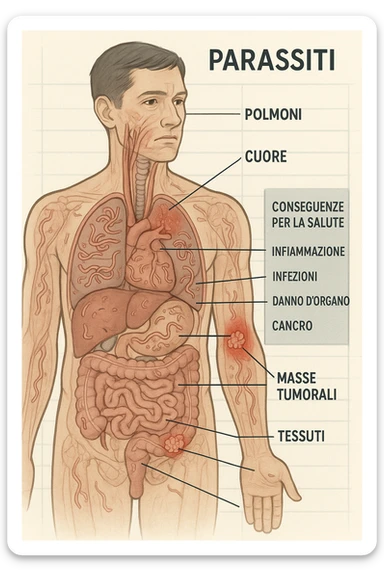a semi-transparent view of a man’s body reveals numerous parasitic organisms inside his organs and tissues. Some areas are highlighted with red or inflamed zones, and small tumor-like masses are visible where the parasites cluster. The background is clinical and educational, with labels pointing to affected organs and a sidebar showing the health consequences. scritto in italiano sticker