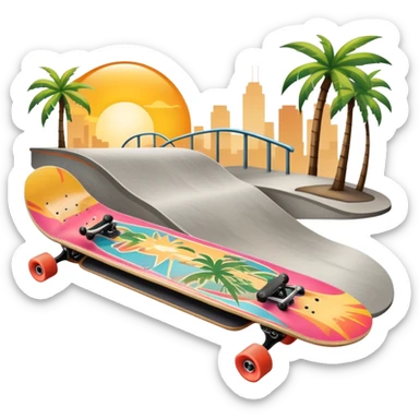 An icon featuring a skateboard resting on a smooth concrete surface. The background shows a sunny skate park with ramps, graffiti walls, and palm trees, creating an urban vibe. The skateboard is designed with vibrant colors and unique graphics. Transparent background  sticker