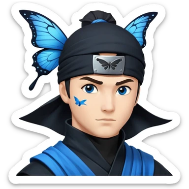 Crea un emoji para usar en WhatsApp con estos dos emoji 🥷🏻🦋.
Ninja vestido de negro con la piel blanca con una mariposa azul posada en el hombro izquierdo como si estuviera volando. sticker