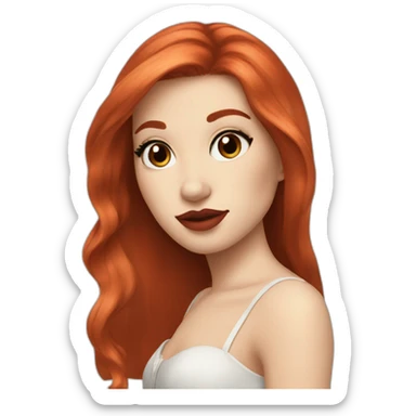 straight long red hair,red lipstick,black eyes, white skin and a small nose sticker