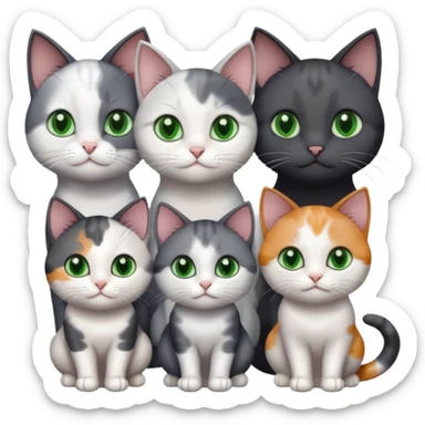 3 different coloured small cats including a dark grey and white, and a patchy calico and a completely solid dark grey with green eyes and only white paws sticker
