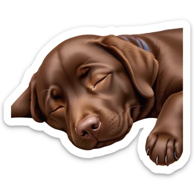 Meme-Worthy Cute Sleeping Chocolate Labrador Portrait Emoji, Head resting peacefully with a contented smile, showcasing a delightfully robust build and a luxuriously soft chocolate Fur, eyes shut in a serene nap, Simplified yet hilariously adorable features, highly detailed, glowing with a soft, drowsy light, high shine, relaxed and utterly lovable, stylized with an air of playful laziness, bright and heartwarming, soft glowing outline, capturing the essence of a comically sleepy companion, so meme-worthy it feels like it could instantly become the next viral sensation of adorable slumber! sticker