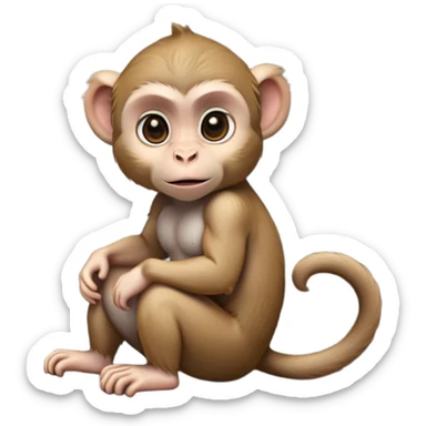 cinematic-cute macaque-realistic-full-body-sitting-emoji,-compact-muscular-frame-poised-on-a-rocky-outcrop,-short-curled-tail-resting-behind,-head-tilted-dramatically,-thick-dense-fur-in-warm-shades-of-brown-and-grey,-expressive-eyes-filled-with sticker