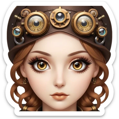 Cinematic 32k HD, Beautiful Steampunk style woman with large glistening eyes, ultra realistic details, each lash, eye, and hair is shown in stunning detail as though captured in a timeless photograph, rich textures, visually rich, so lifelike it could leap off the page at any moment sticker