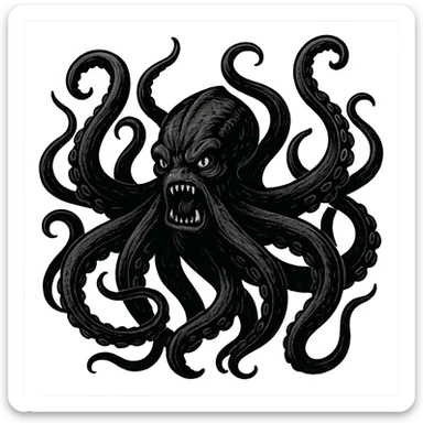 black fierce kraken, tentacles raised, aggressive expression, stylized as a dramatic sea monster, dynamic and detailed illustration sticker