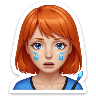A woman with dark orange hair and bangs, blue eyes, an asmr streamer, crying, sticker