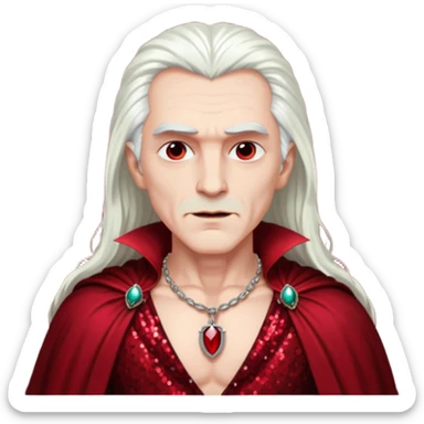 Dracula with long white hair, dark red sequin baggy pants, shirtless with necklace, dark red sequin cape sticker