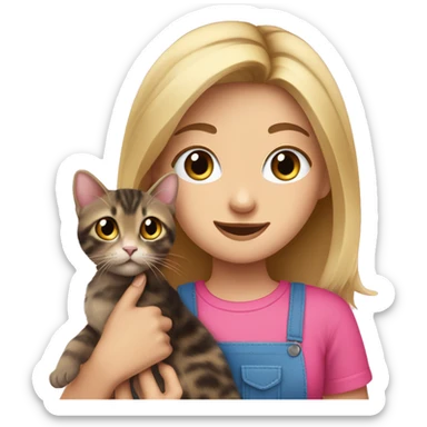 dirty blonde haired girl with blue eyes holding tortoiseshell cat wearing pink shirt sticker