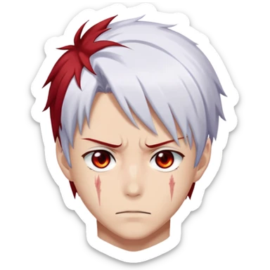 Shoto Todoroki face only, left side white hair, right side red hair, heterochromatic eyes, burn scar on left side of face, serious expression sticker