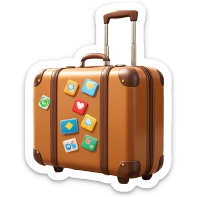 A 3D cartoon suitcase placed on the ground with travel stickers, soft sunlight, warm tone, realistic Memoji-style design. sticker