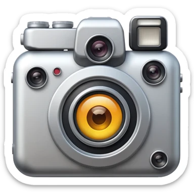 Minimal emoji icon of a modern metalic camera, front view, simple shapes, realistic lens,  sticker