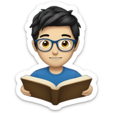 White Boy with chinese black hair wearing blue glasses reading a book sticker