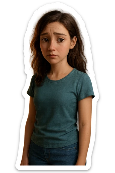 Modello 3D di personaggio femminile in stile Pixar/Blender, anatomia realistica e proporzionata, espressione facciale malinconica ma espressiva, rig per animazioni emotive, texturing skin realistico ma stilizzato, capelli con physics dinamici, vestiti casual modellati con cloth simulation, illuminazione soft e cinematografica, ambiente camera da letto 3D dettagliato, rendering Cycles con subsurface scattering per pelle naturale sticker